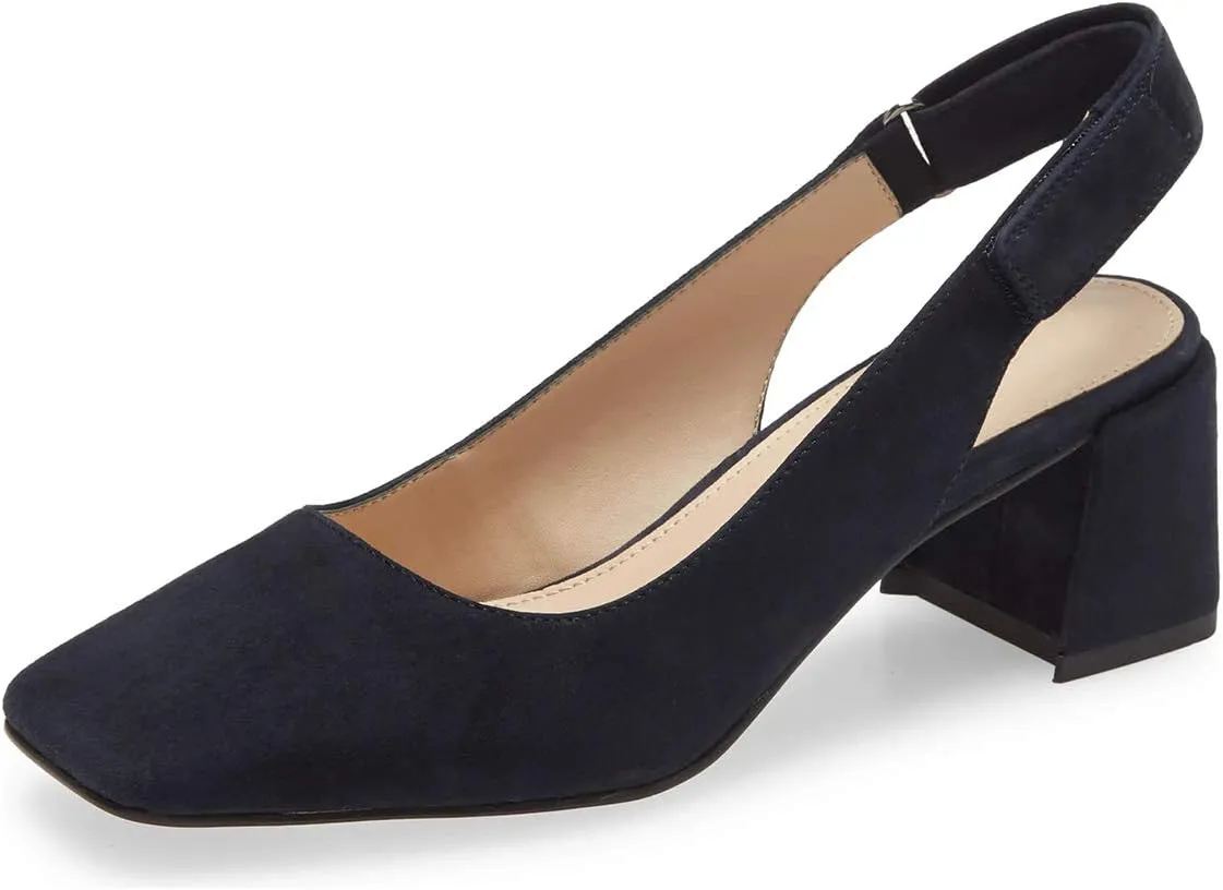 YDN Women Slingback Adjustable Slip On Strappy Block Chunky Mid Heels Pumps Square Toe Formal Loafer Shoes Size 4-15 US