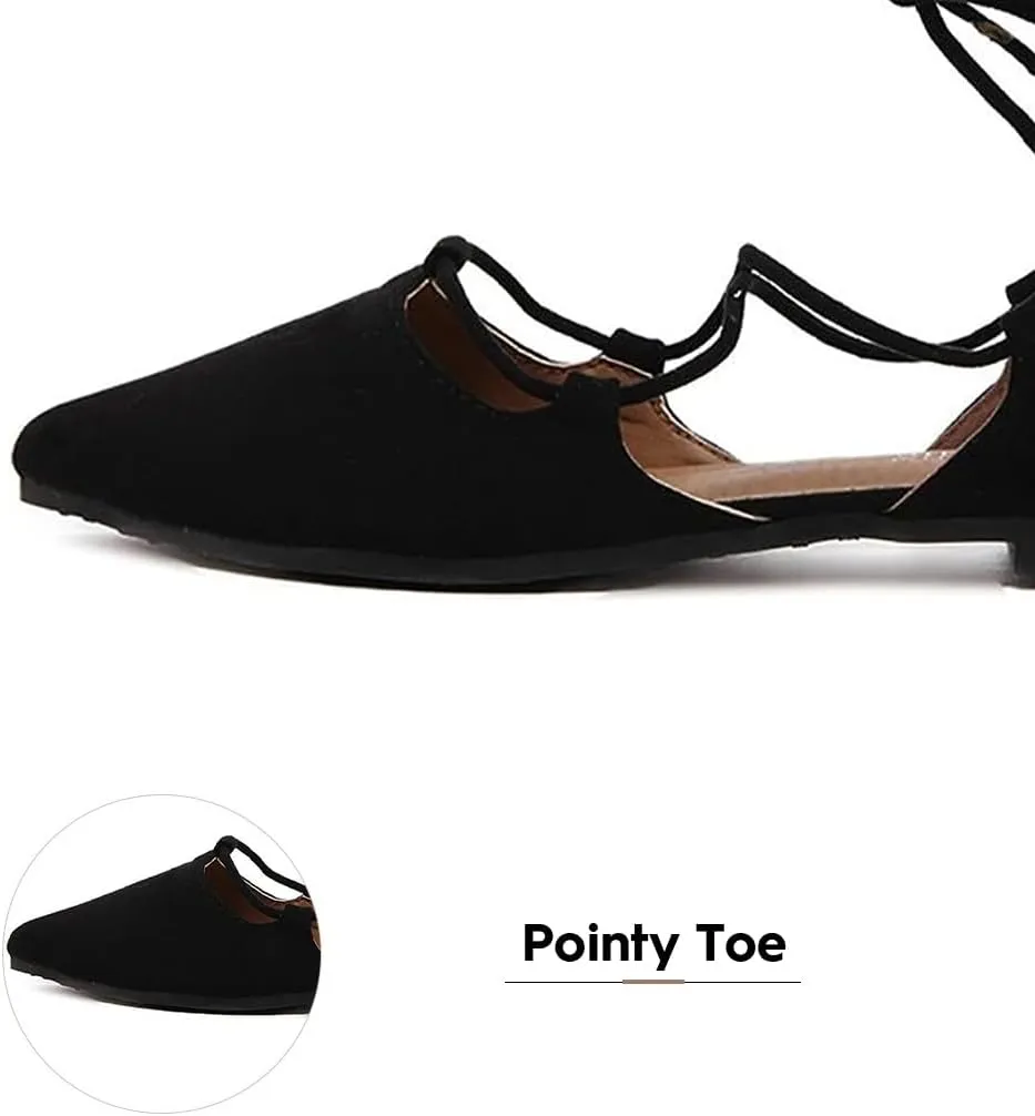 YIBLBOX Womens Sandal Pointy Toe Ankle Strap Wrap Ballet Flats Lace Up Wedding Party Sandals