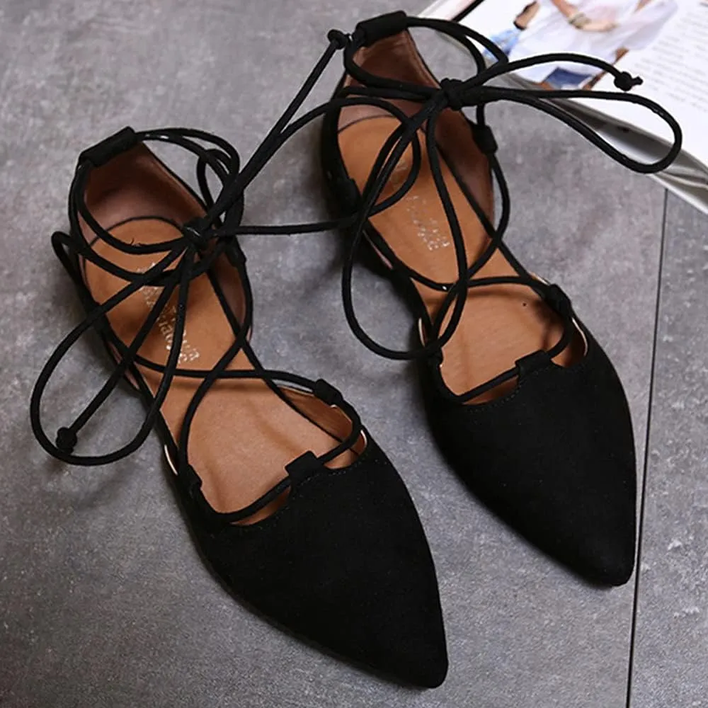YIBLBOX Womens Sandal Pointy Toe Ankle Strap Wrap Ballet Flats Lace Up Wedding Party Sandals