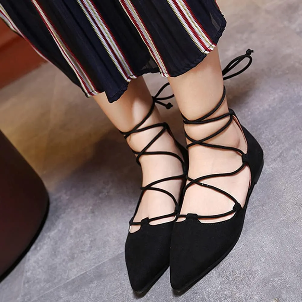 YIBLBOX Womens Sandal Pointy Toe Ankle Strap Wrap Ballet Flats Lace Up Wedding Party Sandals