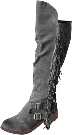 ZBYY Women's Knee High Boots Casual Over The Knee Retro Fringe Moccasin Flat Heel Zipper Long Boots Square Heels Shoes
