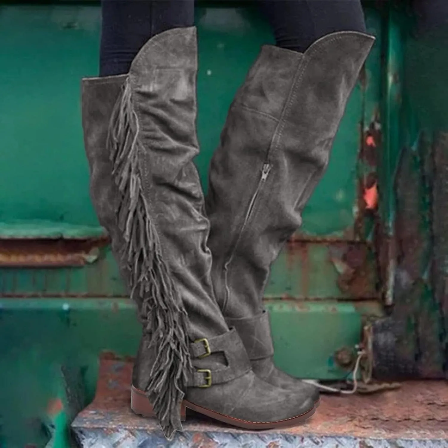 ZBYY Women's Knee High Boots Casual Over The Knee Retro Fringe Moccasin Flat Heel Zipper Long Boots Square Heels Shoes