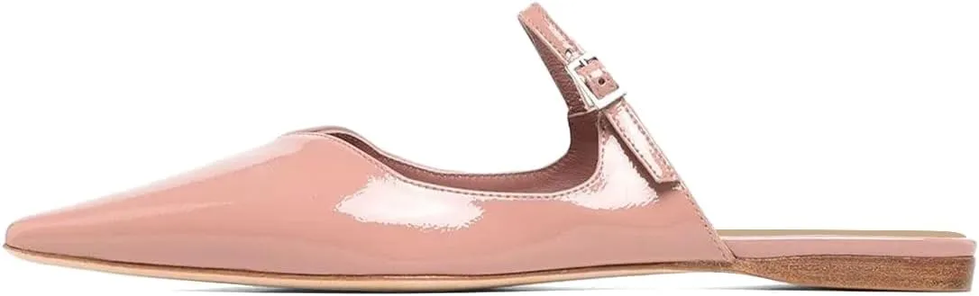 Zszszsu Women's Elegant Closed Pointed Toe Flat Mules Bukled Strap Slide Sandals V-Cut Bakless Loafers Dress Casual Comfortable Shoes Size 4-16 US